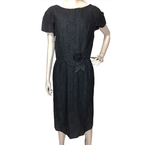 Vintage 40s 50s Lorch of Dallas Black Lace Cocktail Hostess Sheath Dress Medium - Picture 5 of 8